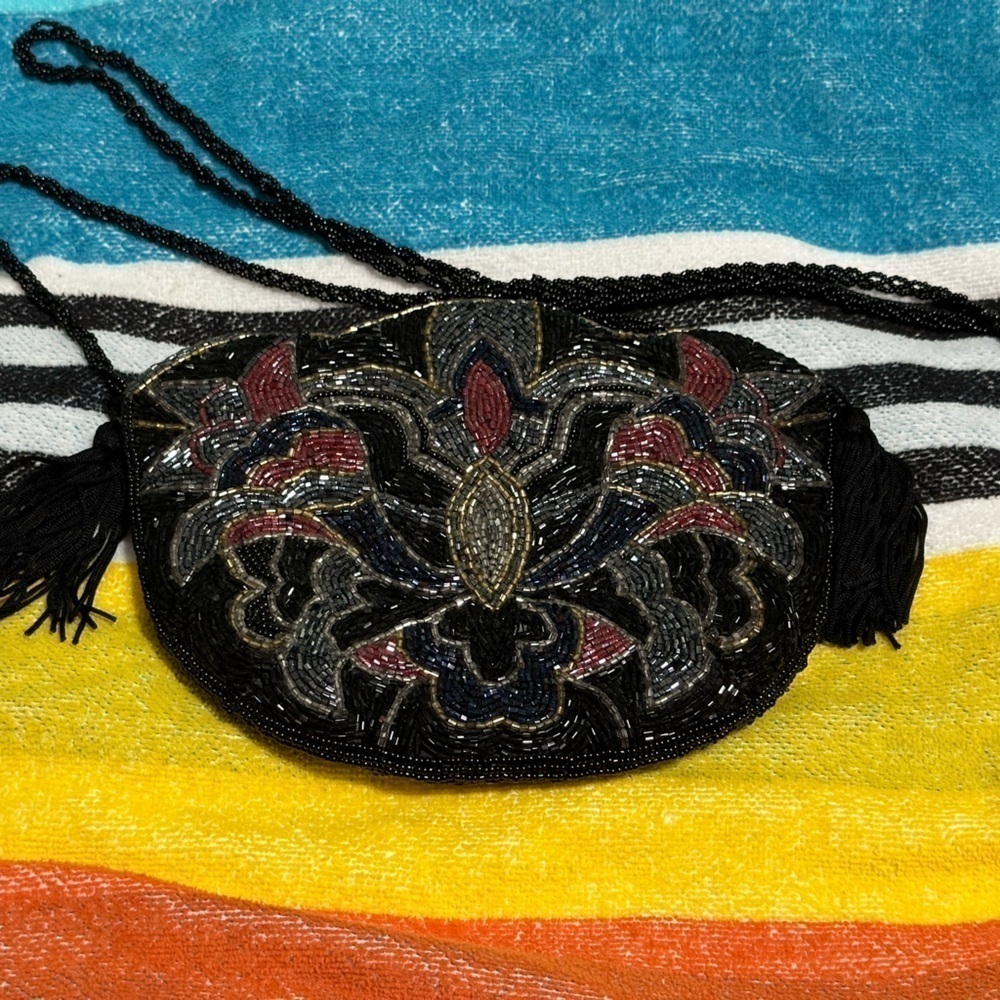 Perfect for prom! Elegant beaded clutch/shoulder bag. Black, red blue & beading